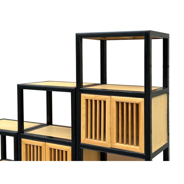 2000 - 2009 Set of 3 Black Tan Shutter Doors Display Cabinet Bookcase Room Divider For Sale - Image 5 of 12