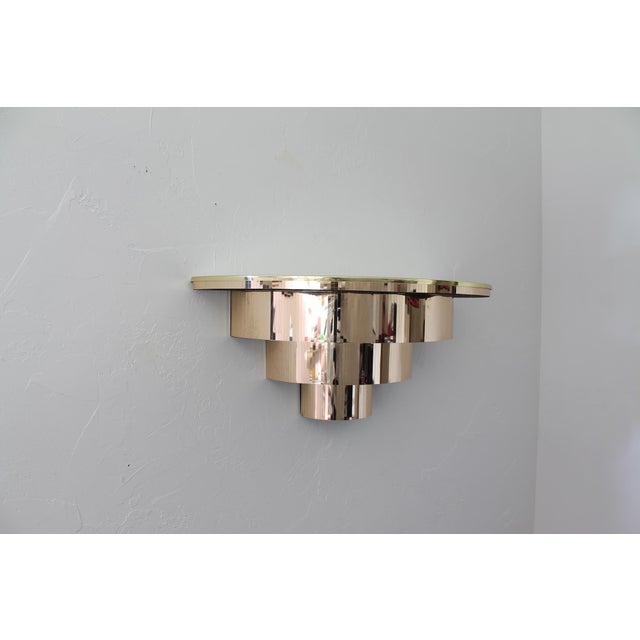 Glass Vintage 70s Disco Console Table, Cascading Demilune Wall Mounted Shelf in Gold For Sale - Image 7 of 18