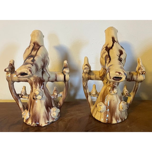 Brown 19th Century English Folk Art Staffordshire Redware Slip Decorated Treacle Glaze Bird Dovecote Whistles, Circa 1820 - A Pair For Sale - Image 8 of 11