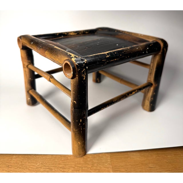 Mid 20th Century Boho Chic Bamboo Black Painted Distressed Low Riser/Plant Stand For Sale - Image 5 of 10