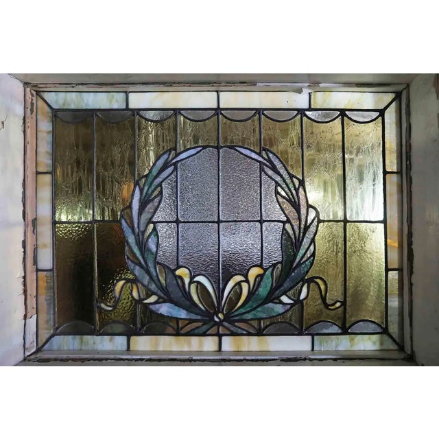 Early 20th Century Stained Glass Window Antique - Wreath and Bow Design For Sale - Image 5 of 7