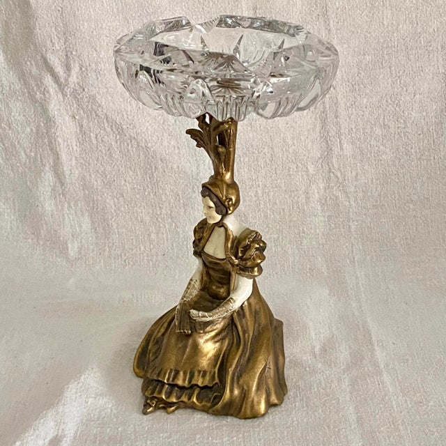 1950s Cast Gilded Age Lady Statue Crystal Ashtray For Sale - Image 5 of 12