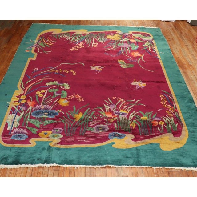 Zabihi Collection Burgundy Emerald Green Antique Chinese Art Deco Carpet For Sale - Image 10 of 10