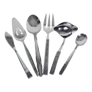 Curated Vintage Set of Six Mismatched Serving Pieces, Mid Century Modern Stainless Steel, Hostess Server, Serving Fork MCM Spoon Ladle