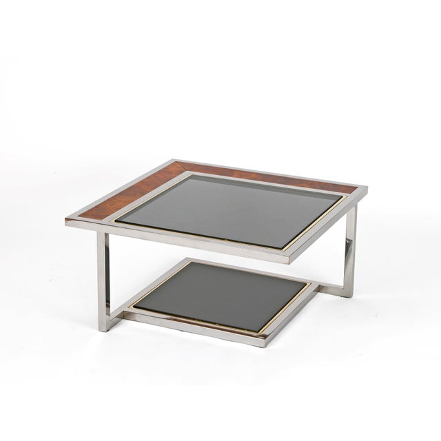 Coffee Table in Chrome, Brass, Burl Wood, and Smoked Glass, Italy, 1970s For Sale - Image 16 of 16