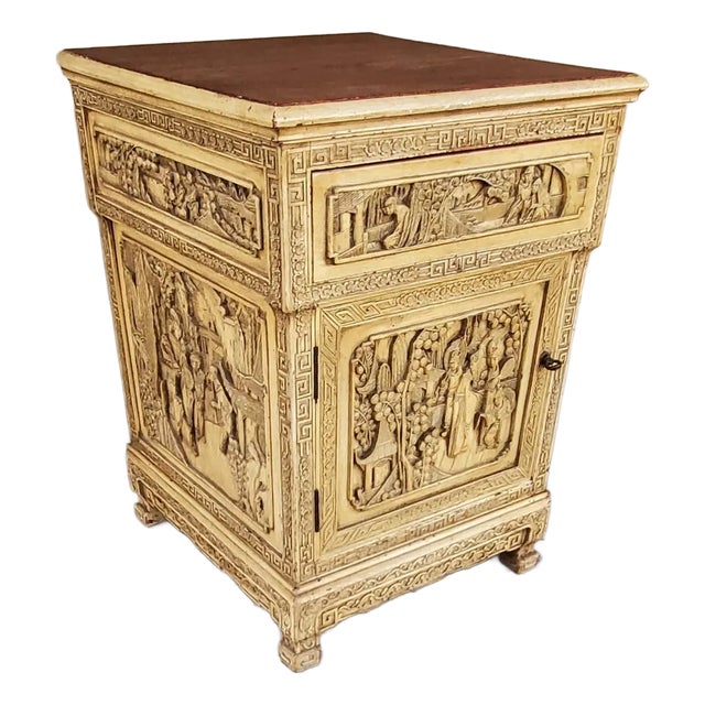 1920s Antique Chinese Wooden Bedside Cabinet With Carved Chinese Scenery For Sale