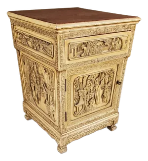 1920s Antique Chinese Wooden Bedside Cabinet With Carved Chinese Scenery