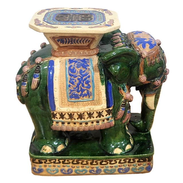 Pair Vintage Chinese Asian Glazed Terracotta Elephant Garden Stool Table Benches For Sale - Image 4 of 18