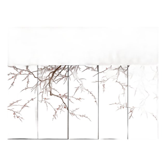 Plum Blossom Mural Hand Painted Wallpaper on Silver Metallic - 5 Panels For Sale