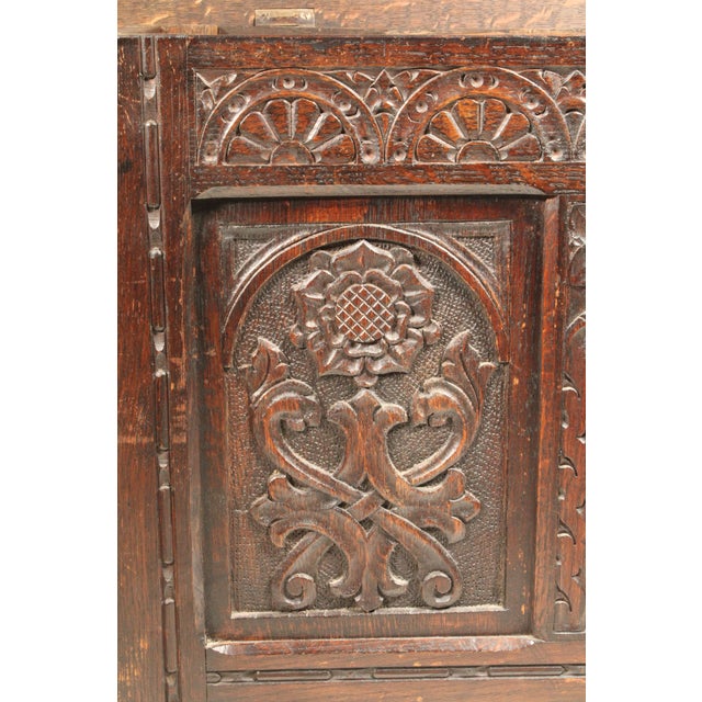 Brown Antique Tudor Style Carved Oak Trunk For Sale - Image 8 of 12