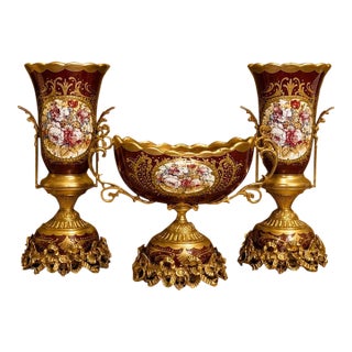 French Rococo Style Mantel Decor Ornate Decorative Urns 16.5'' & Bowl 11.8'' Burgundy set For Sale