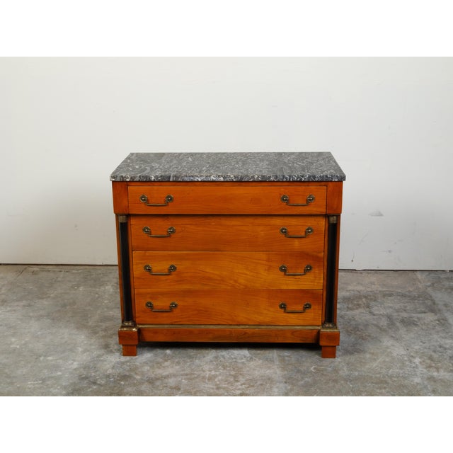 Early 20th Century French 1930s Empire Style Walnut Commode with Grey Marble Top and Black Columns For Sale - Image 5 of 12