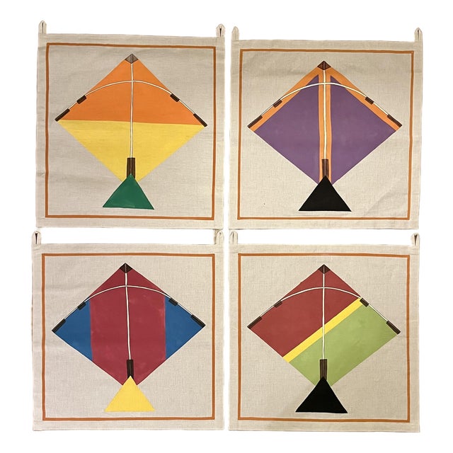 Set of 4 John Robshaw Hand Painted Kite Tapestry Cotton/Linen Wall Art Decor For Sale