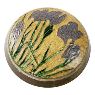 Vintage Iris Floral Motif Enamel Lidded Brass Box For Sale