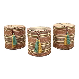 Orange & Brown Kilim Round Poufs/Ottomans With Tassels - Set of 3 For Sale
