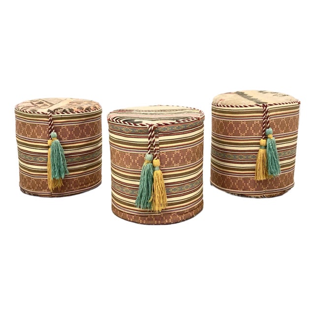 Orange & Brown Kilim Round Poufs/Ottomans With Tassels - Set of 3 For Sale