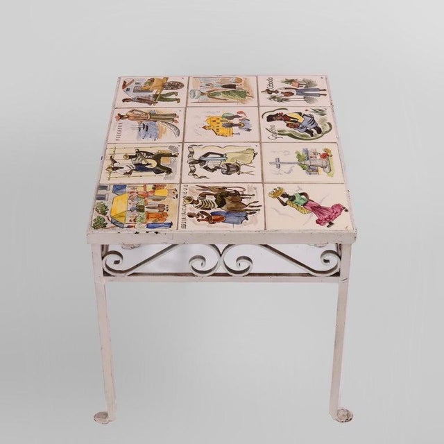 Antique Arts & Crafts Spanish Wrought Iron & Tile Top Table, Genre Scenes, 1930 For Sale - Image 13 of 18