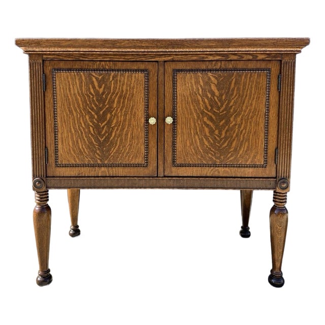 Antique Quarter-Sawn Tiger Oak Two-Door Server With Turned Legs and Classical Detailing For Sale