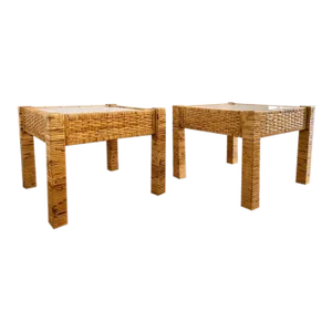 1980s Vintage Rattan and Glass Side End Tables - a Pair