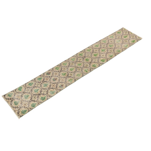 Art Deco 1960s Vintage Distressed Runner in Beige, Gray and Green Floral Patterns For Sale - Image 3 of 7