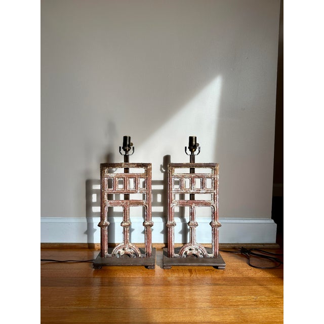 French Cast-Iron Architectural Antique Table Lamps, Pair For Sale - Image 14 of 16