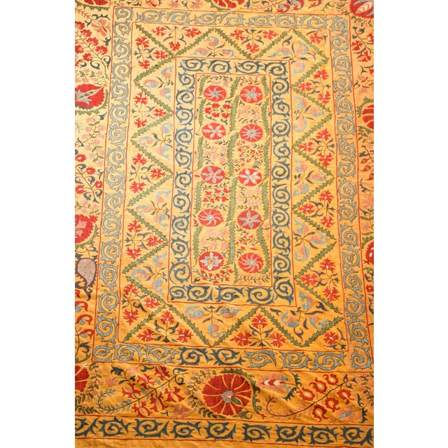 Large Vintage Embroidered Uzbek Suzani Yellow Blue Red For Sale - Image 11 of 12