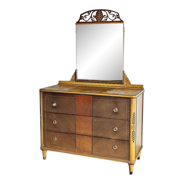 Early 20th Century Distressed Art Deco Dresser With Removable Mirror For Sale