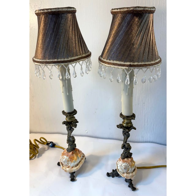 Metal Vintage Art Nouveau Bronze Figural and Shell Lamps- A Pair For Sale - Image 7 of 9