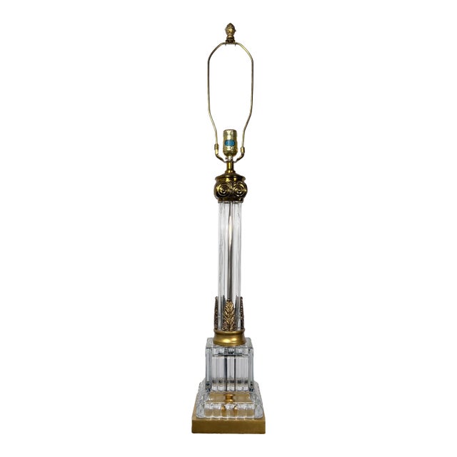 1950s Monumental 35" Paul Hanson Neoclassical Fluted Crystal & Brass Column Lamp For Sale