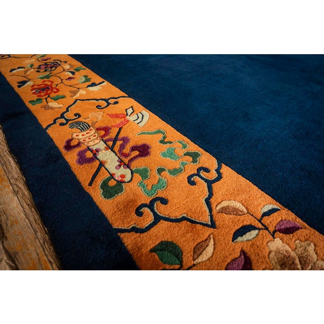 1920s Antique Blue Navy Grand Scale Medallion Knotted Wool Chinese Art Deco Rug For Sale - Image 4 of 9