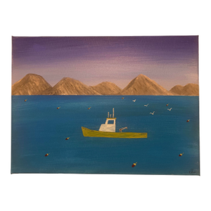 Folk Art Nautical Landscape Seascape, Lobster Boat, Painted on Canvas, Signed, Dated