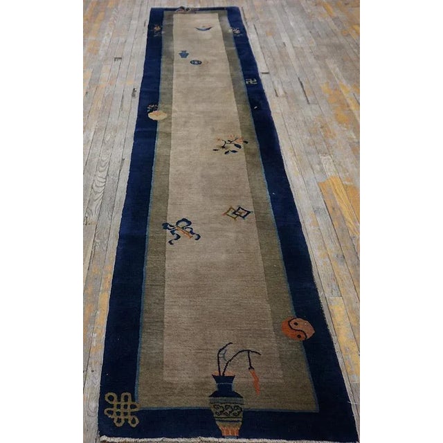 1920s Beige Minimalist Symbols Antique Chinese Peking Carpet 2'6"x 11'6" Knotted Wool Rug Runner For Sale - Image 12 of 12