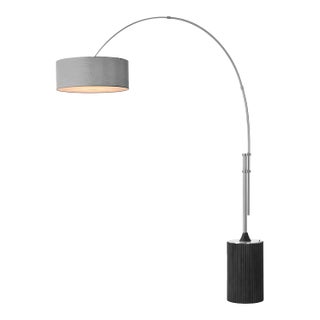 1980s Tambo 92"h 1-Light Arc Lamp, Cashmere Gray Linen Shade, Black Oak Base, Satin Nickel, Dimmable, for Living Room or Bedroom For Sale