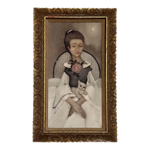 Vintage 1960s Mid Century Girl With Cat Painting by Richard Kirk B. 1932