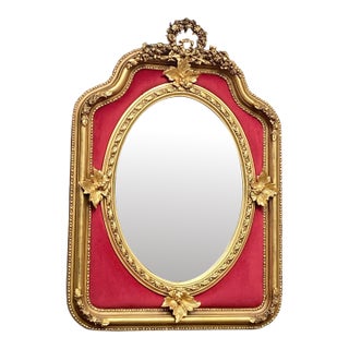 Mid-20th Century French Louis XVI Gold Leaf Wall Mirror With Ruby Velvet For Sale