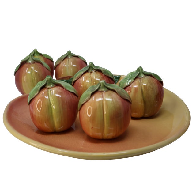 Ceramic Vintage Whimsical Ceramic Peach Still-Life Collection Omnibus Pitcher, Barbara Eigen Platter & Peaches For Sale - Image 7 of 18