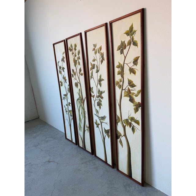 1970’s Vintage Heon Tropical Botanical and Bird Oil on Canvas Paintings – Set of 4 Panels For Sale - Image 4 of 12