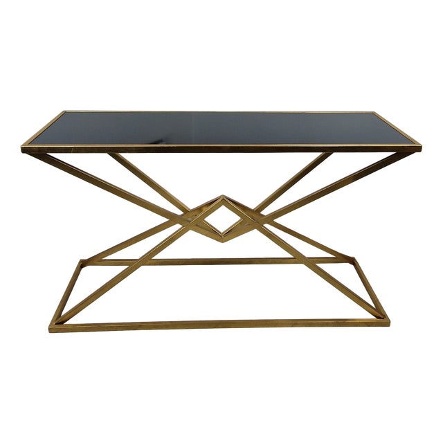Console Table in Brass-Plated Iron and Black Glass Top For Sale