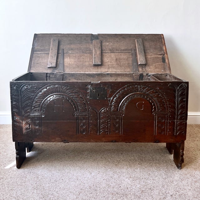 Antique English Jacobean Carved Chest in Oak, 1650 For Sale - Image 12 of 18