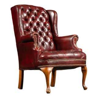 Vintage Tufted Leather Wingback Chesterfield Armchair in Oxblood For Sale