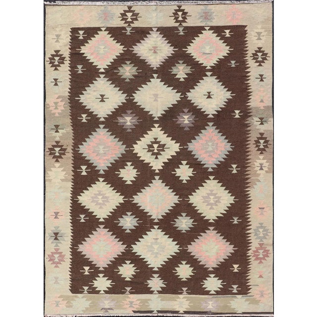 Mid 20th Century Tribal and Geometrics Turkish Kilim in Brown With Cream, Pink, Light Gray/Blue For Sale - Image 13 of 13