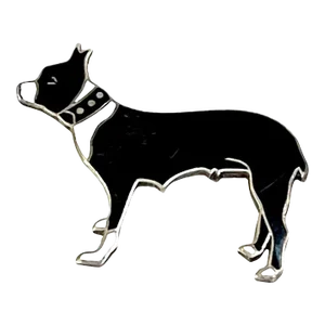 20th Century Art Deco Sterling & Enamel Black & White Boston Terrier Pin, by Thomae Co.