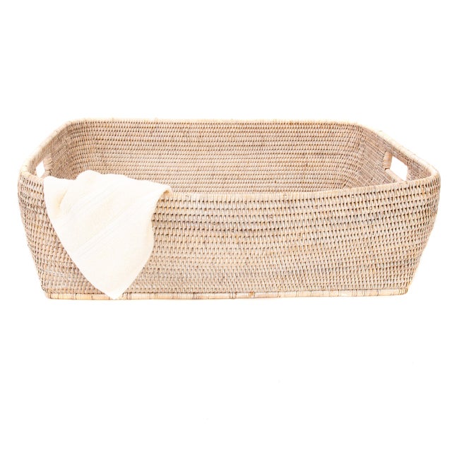 Boho Chic Artifacts Rattan Rectangular Oblong Storage Basket, White Wash, 26" For Sale - Image 3 of 5
