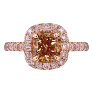 GIA Certified 1.54 Carat Fancy Yellow-Brown Cushion Cut Diamond Cocktail Ring For Sale