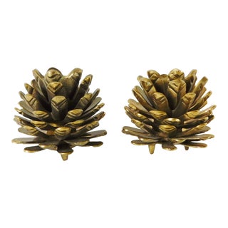 Pair Vintage Christmas Holiday Solid Brass Pinecone Candle Candlestick Holders For Sale
