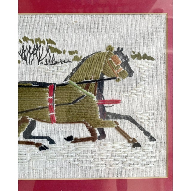 1960s Pair of 1960s Framed Handmade Crewel Embroidery, Horses With Sleigh & Carriage For Sale - Image 5 of 18