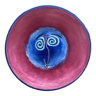 1990s Signed Kerry Feldman Fineline Studios Blue Face Art Glass Charger Sculpture For Sale