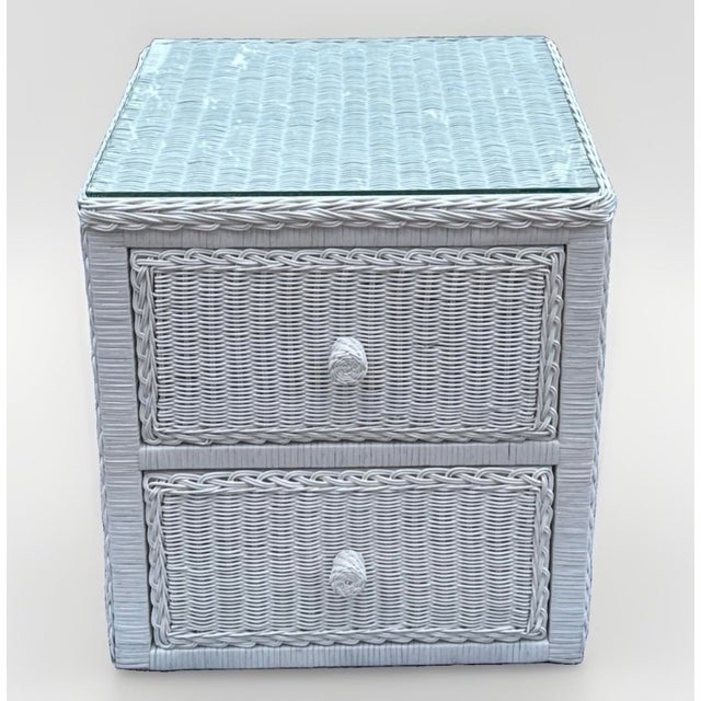Boho Chic Vintage White Wicker 2-Drawer Nightstand With Glass Top For Sale - Image 3 of 10