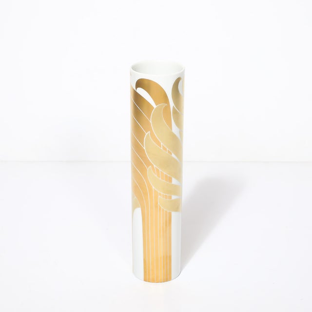 Metal Mid-Century Porcelain Cylindrical Vase W/ 24karat Gold Overlay by Rosenthal For Sale - Image 7 of 17