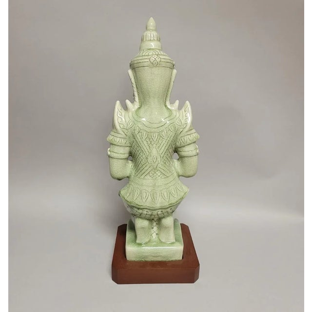 2000 - 2009 Thai Celadon Theppanom Guardian Figure on Wood Base — 19.5" For Sale - Image 5 of 10
